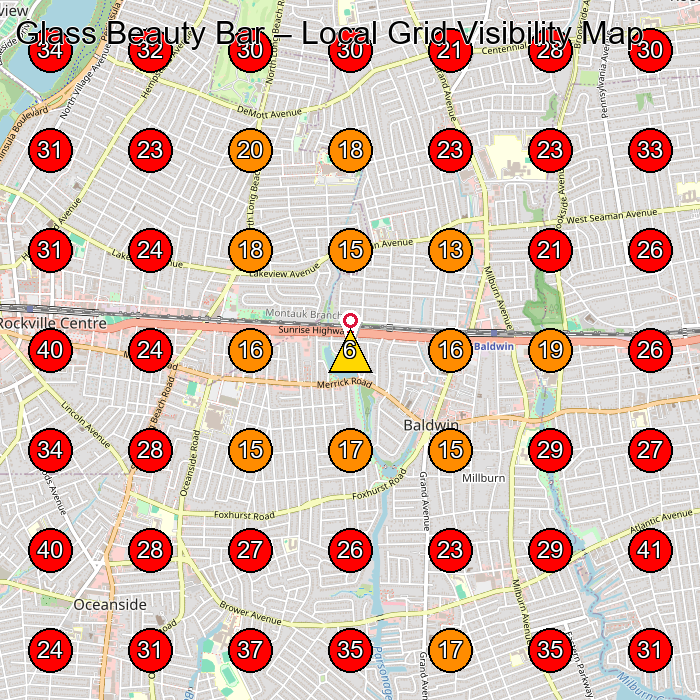Glass Beauty Bar GeoGrid visibility map for Hair Salon in Oceanside